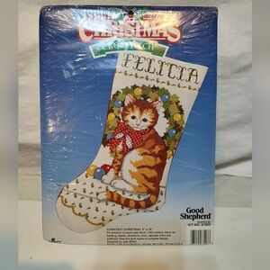 Vintage 1990 Good Shepherd Christmas Cross-stitch Cat Stocking